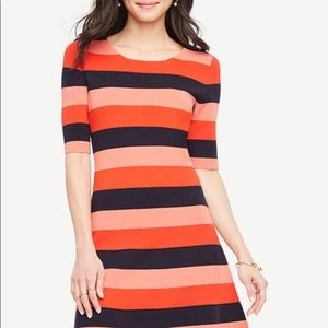 Ann Taylor sweater knit dress striped fit n flare coral pink navy half sleeves